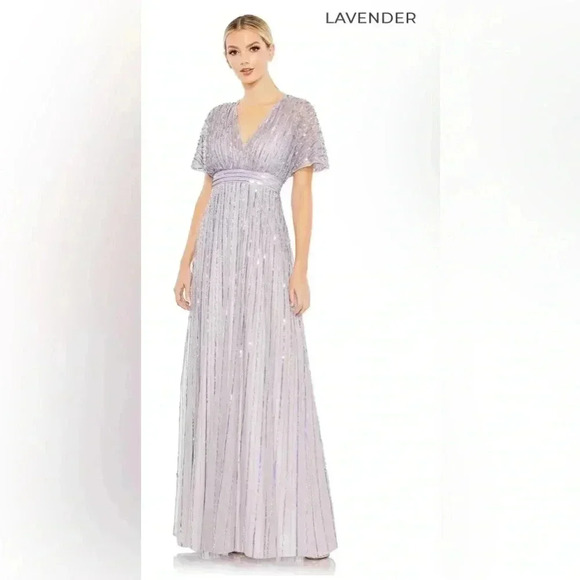 Plunging Neckline Bell Sleeve Sequin Embellished A-line Dress by Mac Duggal - Picture 1 of 8